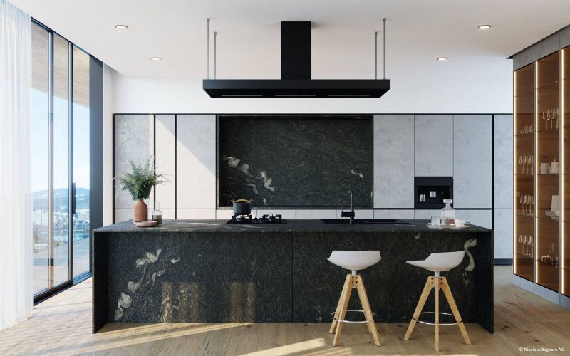 moderner schwarz weißer Küchenblock aus Granit ALPS GLITTER