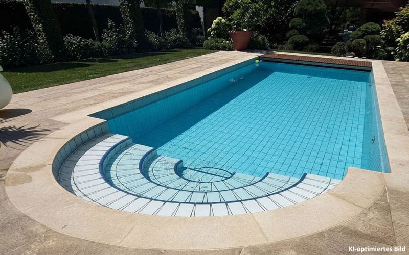 Römerpool mit neuen Poolrandplatten aus beigem sandgestrahltem Kalkstein