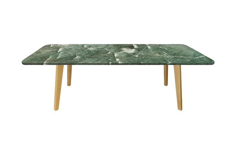 grüne Quarzit Tischplatte mit schrägen Holztischbeinen