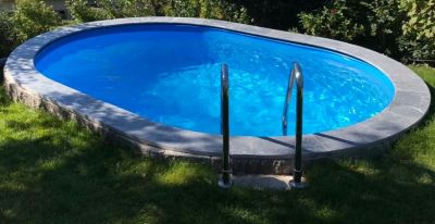 Maßanfertigung - gerundete Poolrandsteine Blue Antik für ovalen Swimmingpool