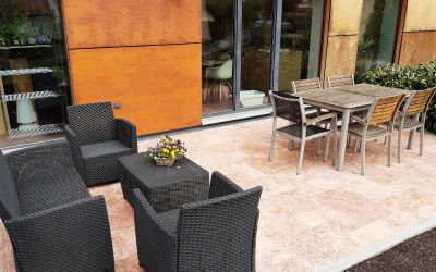 Travertin Terrassenplatten in orangerot - Römischer Verband