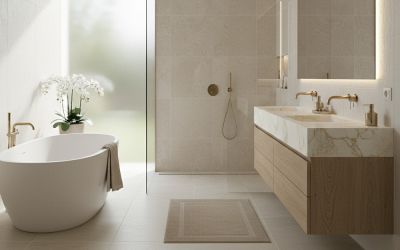 modernes Bad mit elegantem Marmor Doppelwaschbecken in weiß mit beigen Adern