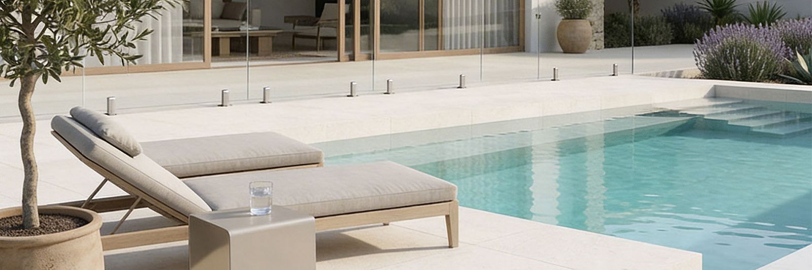 Keramik in creme-weiß als moderne Poolumrandung mit Liegefläche
