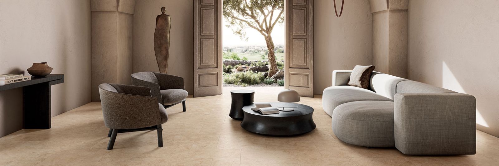 beige Travertinoptik Keramikfliesen in Wohnbereich