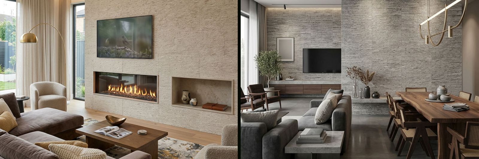 handgefertigte Travertin Wandverblender RILL im Wohnbereich in beige und grau handgefertigte Travertin Wandverblender im Wohnbereich in beige und grau
